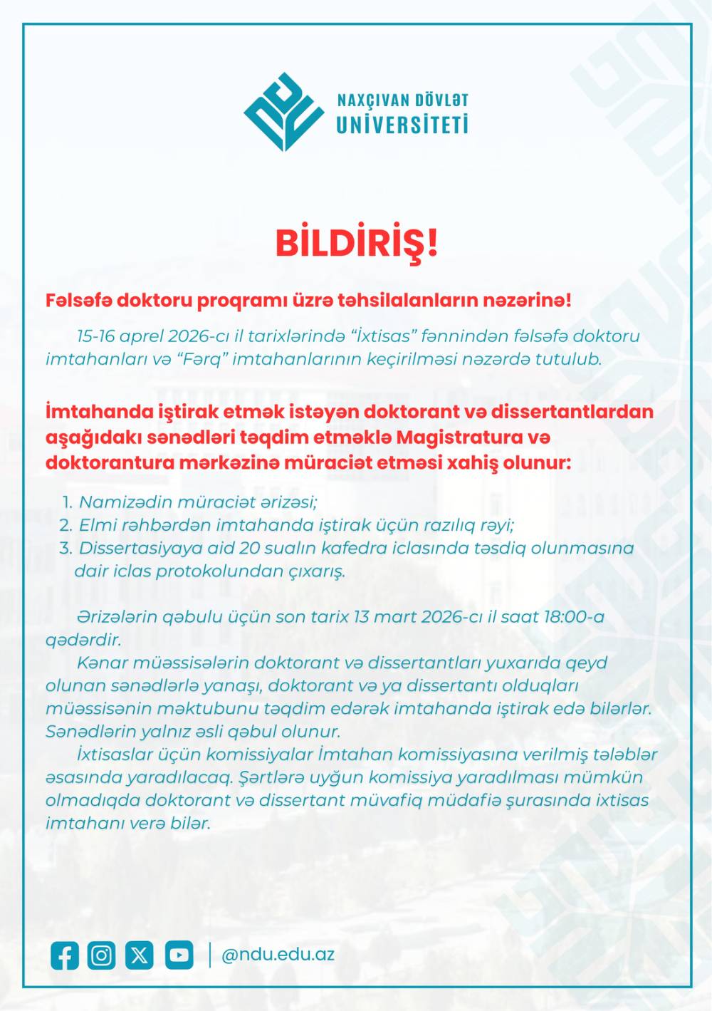 FƏLSƏFƏ DOKTORU PROQRAMI ÜZRƏ TƏHSİLALANLARIN NƏZƏRİNƏ!