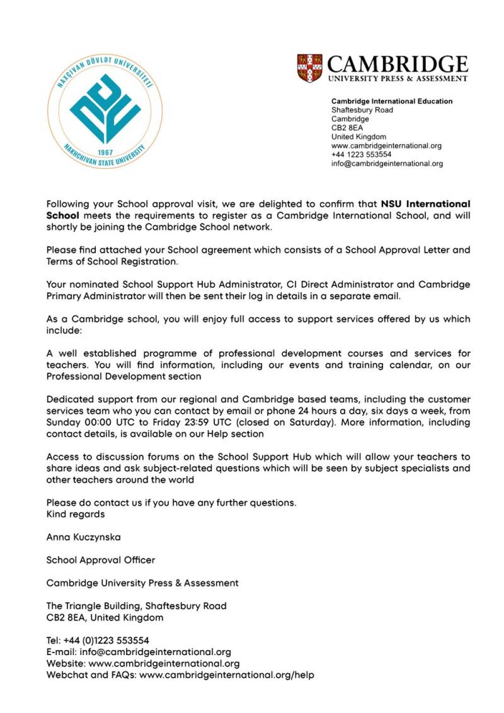 Naxçıvanda ilk dəfə olaraq Naxçıvan Dövlət Universitetinin Beynəlxalq Məktəbi Kembric (Cambridge School) statusu alıb